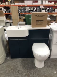 (COLLECTION ONLY) COMBINATION UNIT IN TEAL TO INCLUDE RH W/C UNIT WITH BTW PAN, SEAT & CONCEALED CISTERN FITTING KIT WITH 2 DOOR SINK BASE UNIT COMPLETE WITH 1000 X 390MM 1TH LH INTEGRATED POLYMARBLE