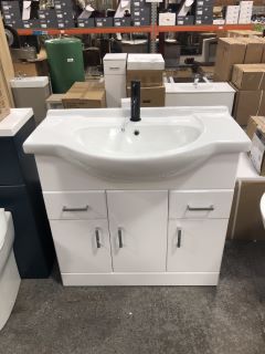 (COLLECTION ONLY) FLOOR STANDING 3 DOOR 2 DRAWER SEMI RECESSED SINK UNIT IN WHITE 850 X 500MM WITH 1TH CERAMIC BASIN COMPLETE WITH BLACK MONO BASIN MIXER TAP & CHROME SPRUNG WASTE - RRP £840: LOCATIO