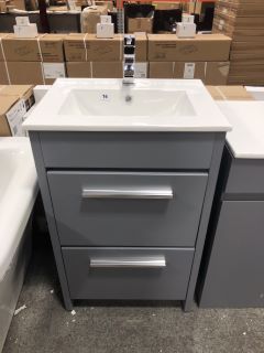 (COLLECTION ONLY) FLOOR STANDING 2 DRAWER SINK UNIT IN LIGHT GREY WITH A 510 X 400MM 1TH CERAMIC BASIN COMPLETE WITH MONO BASIN MIXER TAP & CHROME SPRUNG WASTE - RRP £710: LOCATION - C3