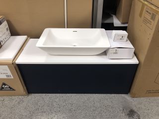 (COLLECTION ONLY) ROPER RHODES WALL HUNG 1 DRAWER COUNTERTOP SINK UNIT IN INDIGO & WHITE 1000 X 400MM WITH MATTE STONE RESIN VESSEL BASIN COMPLETE WITH HIGH MONO BASIN MIXER TAP & CHROME SPRUNG WASTE
