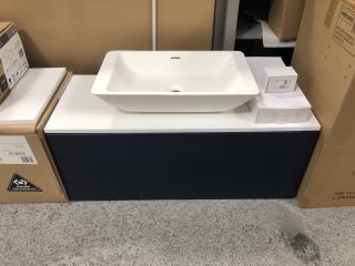 ROPER RHODES WALL HUNG 1 DRAWER COUNTERTOP SINK UNIT IN INDIGO & WHITE 1000 X 400MM WITH MATTE STONE RESIN VESSEL BASIN COMPLETE WITH HIGH MONO BASIN MIXER TAP & CHROME SPRUNG WASTE - RRP £920: LOCAT