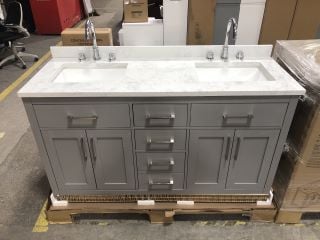 (COLLECTION ONLY) OVE DECORS FLOOR STANDING 4 DOOR 5 DRAWER TWIN SINK UNIT IN AMERICAN GREY WITH WHITE MARBLE EFFECT TWIN COUNTER TOP WITH BACK SPLASH PRE-DRILLED FOR 3TH BASIN MIXERS, TOP COMES COMP