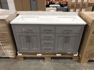 (COLLECTION ONLY) OVE DECORS FLOOR STANDING 4 DOOR 5 DRAWER TWIN SINK UNIT IN AMERICAN GREY WITH WHITE MARBLE EFFECT TWIN COUNTER TOP WITH BACK SPLASH PRE-DRILLED FOR 3TH BASIN MIXERS, TOP COMES COMP