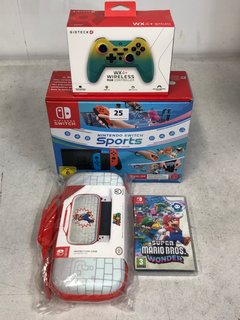 NINTENDO SWITCH SPORTS SET IN NEON BLUE/RED(RRP £259) INCLUDING NINTENDO SWITCH SUPER MARIO PROTECTION CASE, NINTENDO SWITCH SUPER MARIO BROS WONDER GAME(PEGI 3) AND GIOTECK WX4+ WIRELESS NINTENDO SW