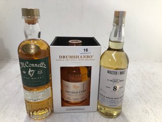 (COLLECTION ONLY) 3 X ASSORTED WHISKEYS TO INCLUDE DRUMSHANBO SINGLE POT STILL IRISH WHISKEY, MASTER OF MALT 8 YR SINGLE GRAIN WHISKEY & MCCONNELL'S IRISH WHISKEY (PLEASE NOTE: 18+YEARS ONLY. ID MAY