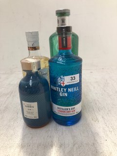 (COLLECTION ONLY) 4 X ASSORTED GINS TO INCLUDE WHITLEY NEILL LONDON DRY GIN & ISLE OF HARRIS GIN INFUSED WITH SUGAR KELP (PLEASE NOTE: 18+YEARS ONLY. ID MAY BE REQUIRED): LOCATION - BR2