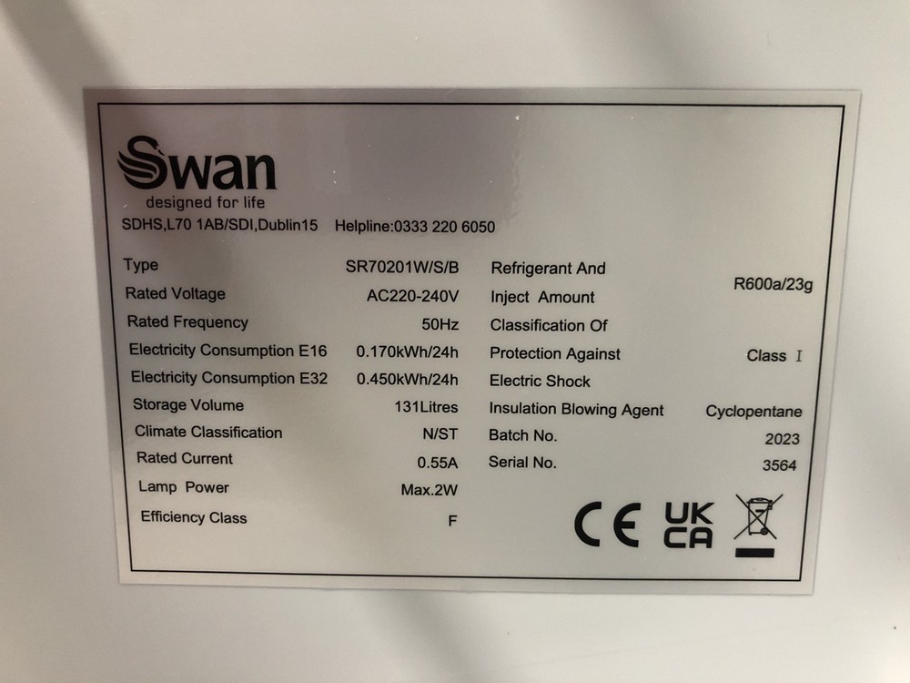 John Pye Auctions SWAN UNDER COUNTER FRIDGE BLACK SR70201B RRP £159