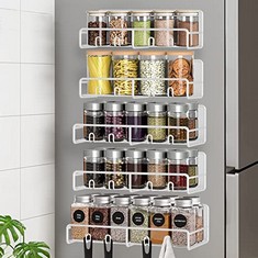 6 X NOSTHEART 5 PACK MAGNETIC SPICE RACK ORGANIZER, MAGNET SHELF SPICE RACKS WITH 4 HOOKS FOR REFRIGERATOR MICROWAVE OVEN SPACE SAVING KITCHEN ORGANIZATION FOR SPICE JARS AND SEASONING BOTTLES, WHITE