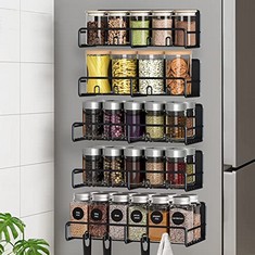 5 X NOSTHEART 5 PACK MAGNETIC SPICE RACK ORGANIZER, MAGNET SHELF SPICE RACKS WITH 4 HOOKS FOR REFRIGERATOR MICROWAVE OVEN SPACE SAVING KITCHEN ORGANIZATION FOR SPICE JARS AND SEASONING BOTTLES, BLACK