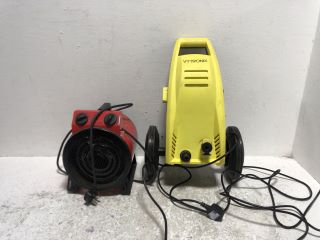 1 X KARCHER WET AND DRY VACUUM CLEANER WD 4, 1 X VYTRONIX PW1500 ELECTRIC PRESSURE WASHER AND 1 X SEALEY INDUSTRIAL FAN HEATER 2KW - APPROOX RRP £285
