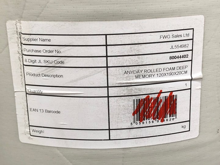 John Pye Auctions JOHN LEWIS & PARTNERS ANYDAY ROLLED DEEP MEMORY FOAM MATTRESS, MEDIUM/FIRM