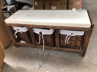 WOODEN BENCH WITH 3 WICKER DRAWERS IN BROWN: LOCATION - A6T