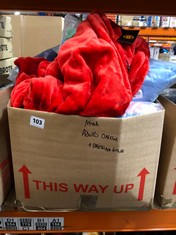 BOX OF ASSORTED CLOTHING TO INCLUDE MANCHESTER UNITED OVERSIZED HOODIE IN RED (DELIVERY ONLY)