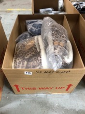 BOX OF APPROX 10 X ASSORTED ADULT SLIPPERS TO INCLUDE DUNLOP CHEETAH PRINT SIZE 6 (DELIVERY ONLY)