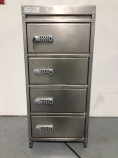 LOMINCK MOBILITY STAINLESS STEEL 4 X BANK BATTERY CHARGING LOCKER MEASUREMENTS 95CM HIGH X 45CM WIDE X 48CM DEEP