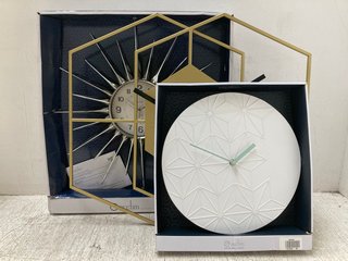 3 X ASSORTED WALL CLOCKS TO INCLUDE ACCTIM CHLOE WALL CLOCK IN WHITE: LOCATION - A1