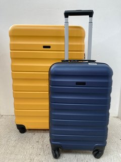 JOHN LEWIS & PARTNERS 2 X CABIN/LARGE SIZE HARD SHELL WHEELED COMBINATION LOCK SUITCASES IN YELLOW/NAVY: LOCATION - D11