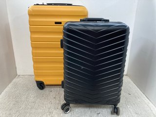 JOHN LEWIS & PARTNERS 2 X CABIN/MEDIUM SIZE HARD SHELL WHEELED COMBINATION LOCK SUITCASES IN YELLOW/BLACK: LOCATION - D11