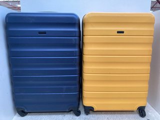 JOHN LEWIS & PARTNERS 2 X MEDIUM SIZE HARD SHELL WHEELED COMBINATION LOCK SUITCASES IN YELLOW/NAVY: LOCATION - D11