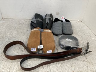 JOHN LEWIS & PARTNERS QTY OF ASSORTED SHOES/BELTS TO INCLUDE PAIR OF SUEDE FAUX FUR SLIP ON SLIPPERS IN TAN - UK 10: LOCATION - D12