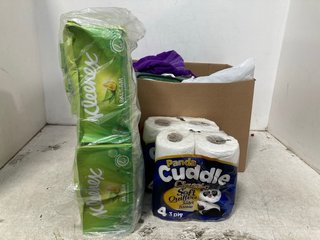 QTY OF ASSORTED HOUSEHOLD ITEMS TO INCLUDE 4 PACK PANDA CUDDLE CLASSIC SOFT QUILTED TOILET TISSUE: LOCATION - WA7