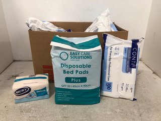 QTY OF ASSORTED MEDICAL ITEMS TO INCLUDE PACK OF EASY CARE DISPOSABLE BED PADS: LOCATION - A16