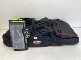 BELL HELMETS LARGE TROLLEY GEAR BAG IN BLACK/RED TO INCLUDE ALPINESTARS KART TECH-1 K-RACE V2 ONE VISION GLOVES IN BLACK - RRP £199: LOCATION - BOOTH