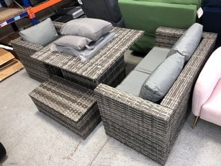 RATTAN GARDEN SET IN NATURAL TO INCLUDE 2 SEATER RATTAN SOFA, RATTAN ARMCHAIR, RATTAN DINING TABLE AND RATTAN COFFEE TABLE: LOCATION - B1