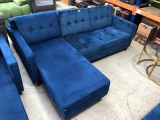 DESTIN REVERSIBLE BLUE VELVET CORNER SOFA WITH STORAGE CHAISE AND OTTOMAN BENCH - RRP £690: LOCATION - B1