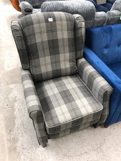 ASCOT WINGBACK FABRIC RECLINER ARMCHAIR IN GREY CHECK - RRP £300: LOCATION - B1