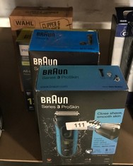 QTY OF ITEMS TO INCLUDE BRAUN SERIES 3 PROSKIN 3040S ELECTRIC SHAVER AND PRECISION TRIMMER, PACK OF 1, RATED WHICH GREAT VALUE: LOCATION - BACK RACK