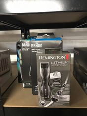 QTY OF ITEMS TO INCLUDE REMINGTON LITHIUM BARBA BEARD TRIMMER - ADVANCED CERAMIC BLADES, 9 LENGTH SETTINGS, POP-UP TRIMMER, COMB ATTACHMENT, 60-MINUTE RUNTIME, CORDLESS - MB350L: LOCATION - BACK RACK