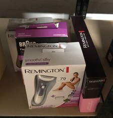 QTY OF ITEMS TO INCLUDE REMINGTON WET & DRY SHOWERPROOF ELECTRIC CORDLESS LADY SHAVER FOR WOMEN WITH BIKINI ATTACHMENT, CHARGE STAND, MOISTURISING STRIP WITH ALOE VERA, 30MIN USAGE, WDF4840: LOCATION