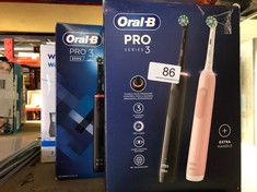 QTY OF ITEMS TO INCLUDE ORAL-B PRO 3 2X ELECTRIC TOOTHBRUSHES FOR ADULTS, FATHERS DAY GIFTS FOR HIM / HER, 2 HANDLES & 2 CROSS ACTION TOOTHBRUSH HEADS, 3 MODES, TEETH WHITENING, 2 PIN PLUG, 3900, BLA