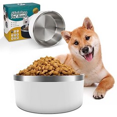 19 X KITCHEN DOG BOWL FOR FOOD AND WATER, 64 OZ STAINLESS STEEL PET FEEDING BOWL, DURABLE NON-SKID DOUBLE WALL INSULATED HEAVY DUTY WITH RUBBER BOTTOM FOR MEDIUM LARGE SIZED DOGS (64 OUNCES/8 CUP, WH