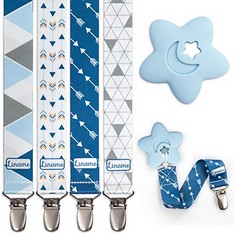 24 X LINAME DUMMY CLIP FOR BOYS GIRLS WITH BONUS TEETHING TOY - 4 PACK GIFT PACKAGING - PREMIUM QUALITY & UNIQUE DESIGN - DUMMY CLIPS FIT ALL DUMMIES & SOOTHERS - PERFECT BABY GIFT (BLUE, METAL CLIP)