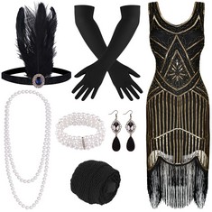 QTY OF ADULT CLOTHING TO INCLUDE 1920S V NECK SEQUIN BEADED FRINGED DRESS WITH 20S ACCESSORIES SET RRP £270: LOCATION - C RACK