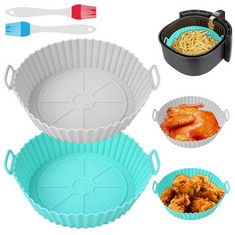 28 X VICLOON AIR FRYER SILICONE POT, 2PCS 7.9 INCH THICK REUSABLE SILICONE AIR FRYER LINER, HEAT RESISTANT NON-STICK AIR FRYER ACCESSORY WITH BRUSH, AIR FRYER SILICONE BASKET FOR AIR FRYER (GREY-BLUE