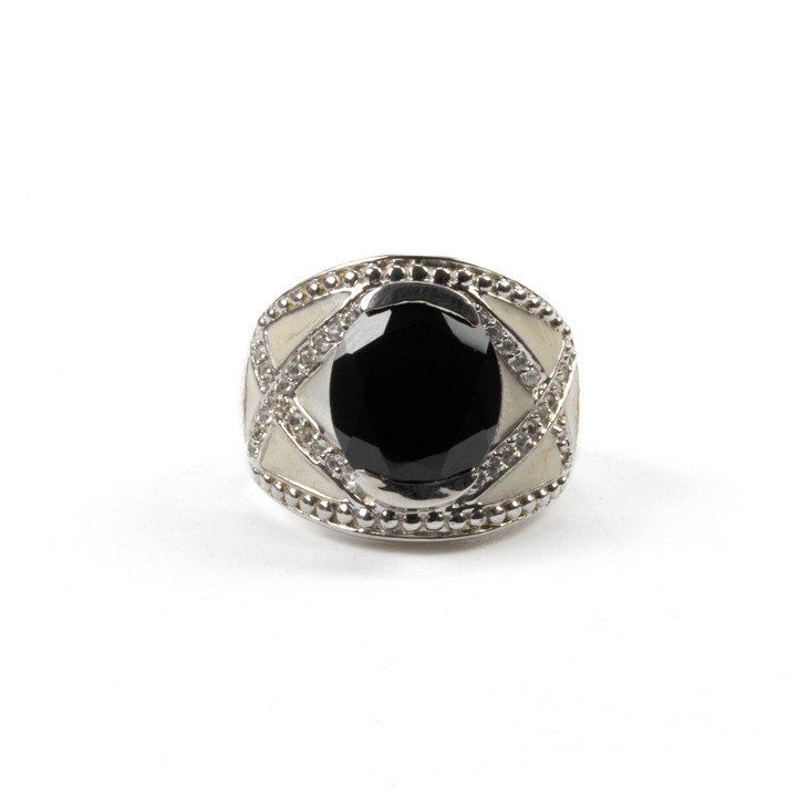 Silver Black Oval Faceted Stone with Pavé on White Enamel Ring, Size M, 7.7g