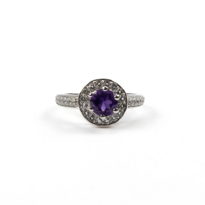 Silver Purple Round Faceted Stone with Clear Stone Pavé Halo and Shoulders Ring, Size M, 3.1g