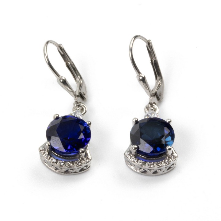Silver Blue Sapphire Round Faceted Stone with Clear Stones Drop Earrings, 3cm, 5g