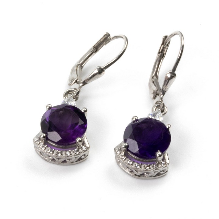 Silver Amethyst Round Faceted Stone with Clear Stones Drop Earrings, 3cm, 4.6g