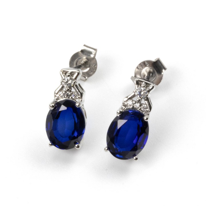 Silver Blue Sapphire Oval Faceted Stone with Clear Stones Drop Earrings, 1.5cm, 3.2g