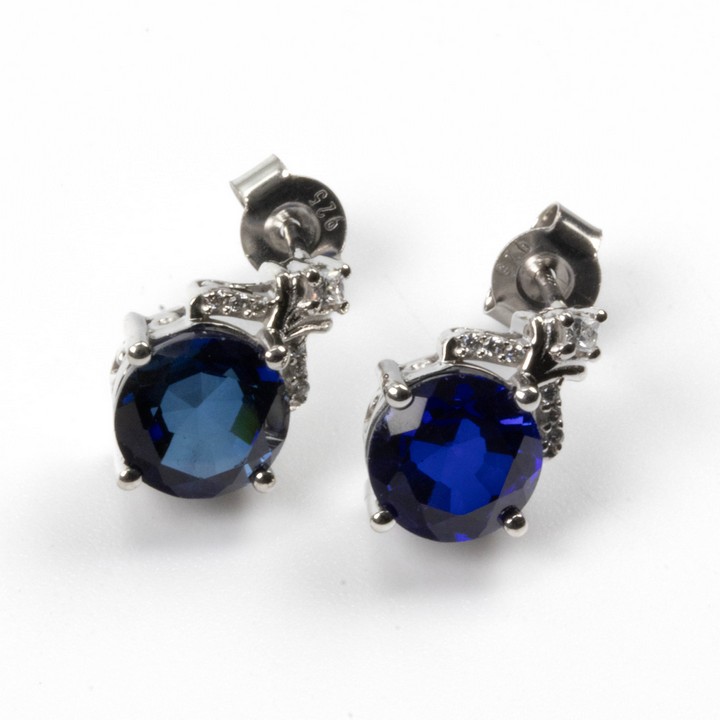 Silver Blue Sapphire Round Faceted Stone with Clear Stones Drop Earrings, 1.5cm, 3.4g