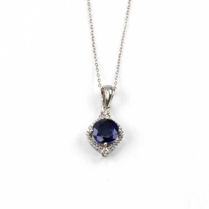 Silver Blue Sapphire Round Faceted Stone with Clear Stones Halo Pendant, 2.7cm and Chain, 45cm, 4.1g