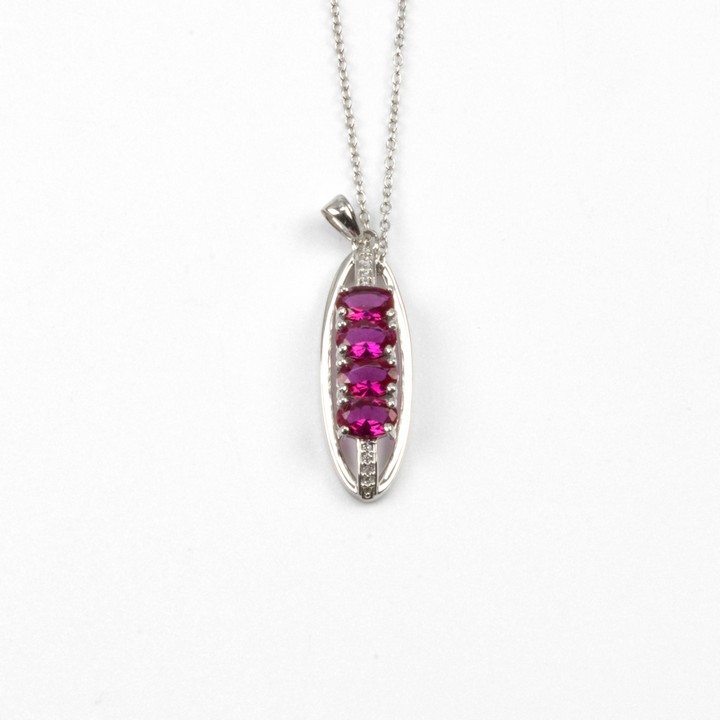 Silver Four Ruby Oval Faceted Stones with Clear Stones Pendant, 3.2cm and Chain, 45cm, 3.6g