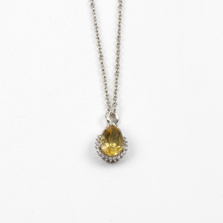 Silver Citrine Pear Drop with Clear Stone Halo Pendant, 1.7cm and Chain, 45cm, 3.5g