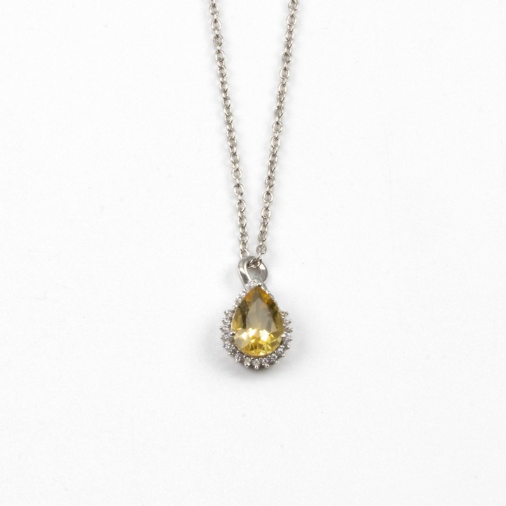 Silver Citrine Pear Drop Faceted Stone with Clear Stone Halo Pendant, 1.7cm and Chain, 45cm, 3.5g