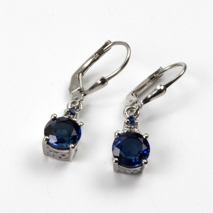 Silver Blue Sapphire Round Faceted Stones and Clear Stones Drop Filigree Earrings, 3cm, 3.2g