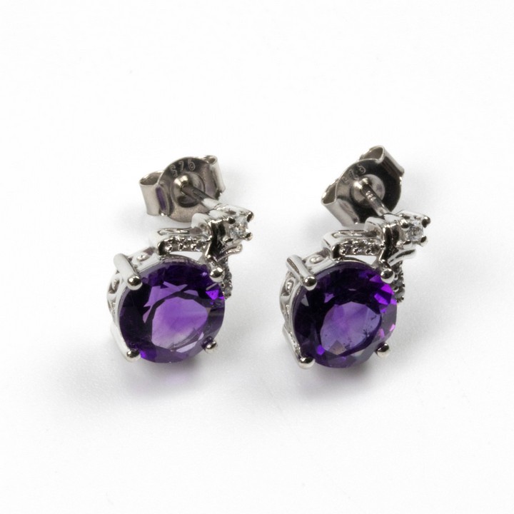 Silver Amethyst Round Faceted Stone with Clear Stones Drop Earrings, 1.5cm, 3.1g